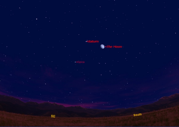This sky map shows how Saturn, the moon and the bright star Spica will appear on May 14, 2011 as seen from mid-northern latitudes at about 9 p.m. local time. 